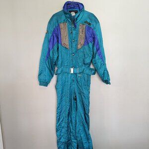 Vintage Retro Descente Ski One Piece Suit Green Blue Belted Silver Men's Large